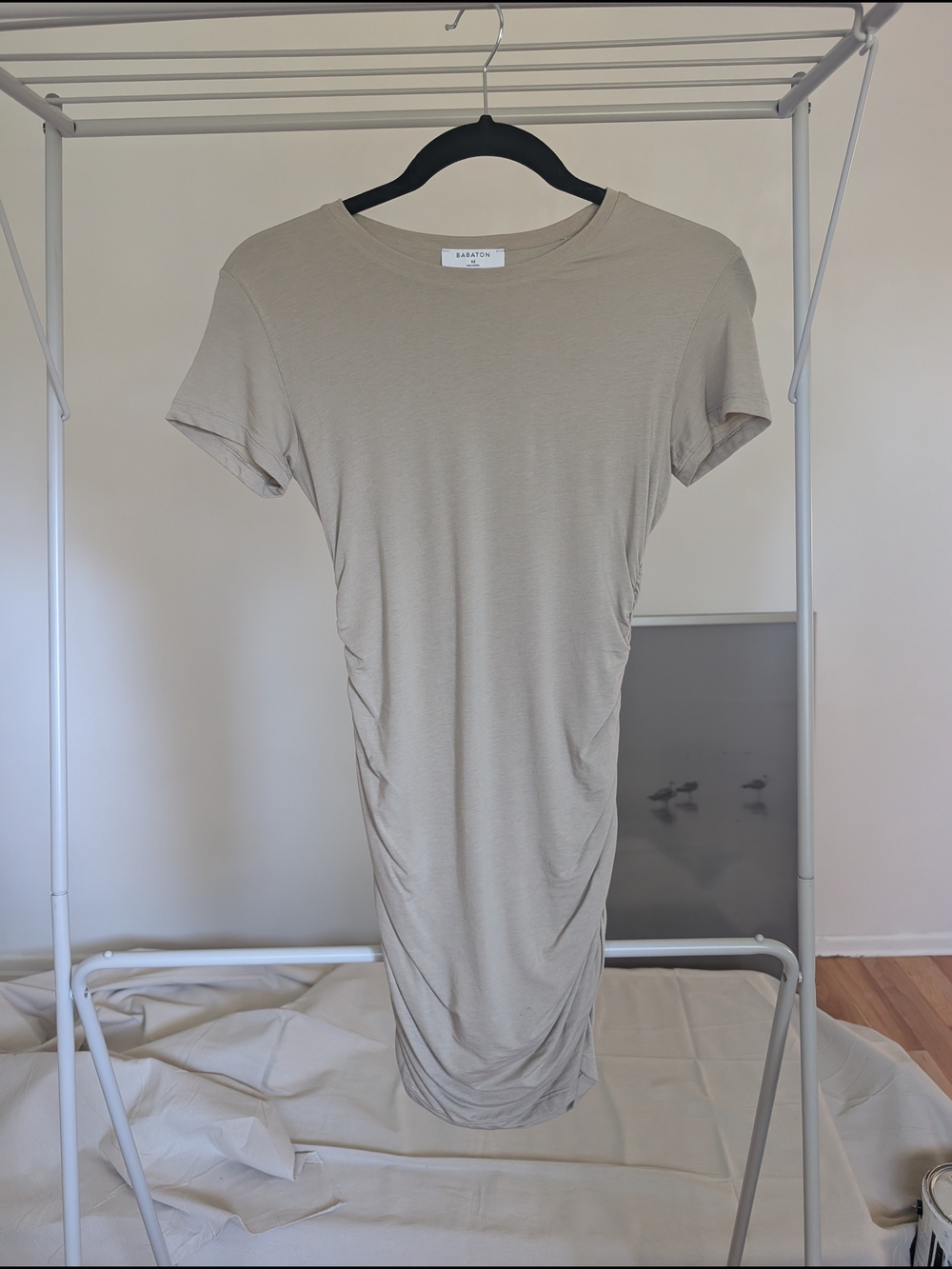 Babaton Neutral Beige Ruched Midi Dress